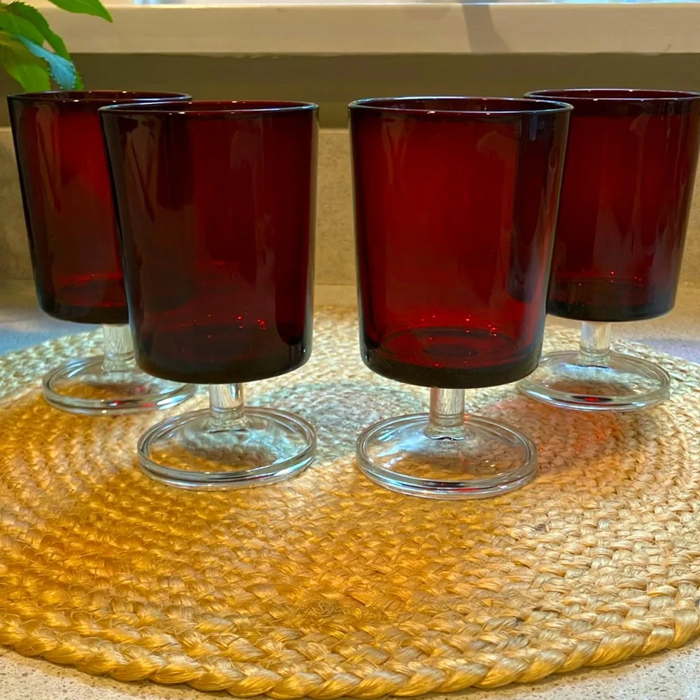 Set of (4) Vintage MCM Ruby Red Footed Water/Wine Glasses - Luminarc France